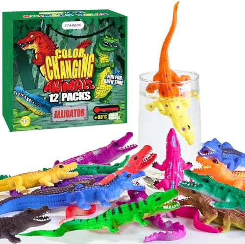 Color Changing No Hole Bath Toys for Toddlers Kids, Color Change Alligator Toy Reptile Animal Toys (12 Pack), 6'' Stretchy Rubber Animals Crocodile Toy Water Table Toys Reptile Party Favors