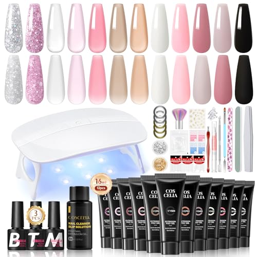 COSCELIA 41pc Poly Nail Gel Kit Starter Kit, 16ML 12 Colors Nail Extension Gel Kit with Lamp Light for Beginners with Everything Nail Thickening Solutions Nail Kit Valentines Day Gifts for Her