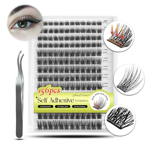 Self Adhesive Lash Clusters 156PCS No Glue Needed Self Adhesive Eyelashes 8-16mm Mix Self Stick Eyelash Clusters Pre-Glued 0.07mm Thickness One-Step Cluster Lashes Press on Lashes