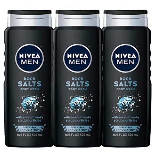 Nivea Men Deep Clean Rock Salts Body Wash with Scrub Particles and Natural Rock Salt, Exfoliating Body Wash for Men, Cleanses Without Drying Skin, 16.9 Fl Oz Bottle, Pack of 3