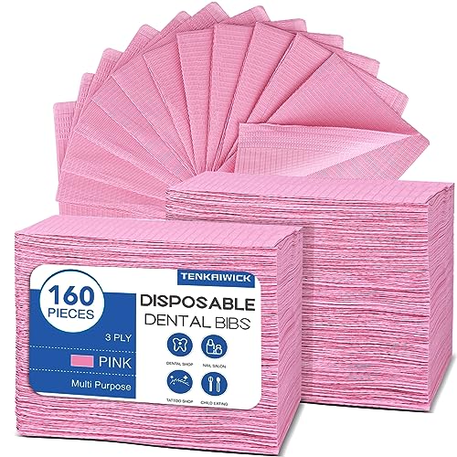 160 Pack Disposable Dental Bibs 13"x18"，3-Ply Waterproof Tattoo Bibs Sheet for Nail Salon，Dental Clinic，Feeding，Tattoo Shop (Pink)