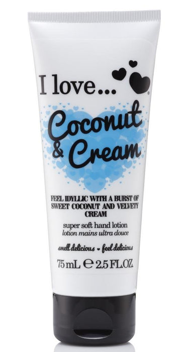 I Love Coconut & Cream Hand Lotion, Helps to Soothe Skin & Relieves Dry Hands, Made With 87% Naturally Derived Ingredients For Soft & Scented Hands, TravelSize Providing OnTheGo Moisture, 75ml