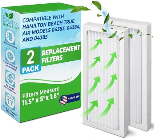 Breathe Naturally Replacement Filter Compatible with Hamilton Beach True Air 04383 Air Purifier - Compact Smoke, Pet Air Purifier Hepa Replacement Filters - 11.5" x 5"x 1.8" (Pack of 2)