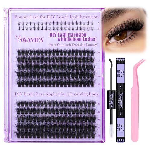 Yawamica Fluffy Lash Clusters Kit DIY Lash Extension Kit with Bottom Lashes Wispy Cluster Eyelash Extension 10-18MM 60D+80D Individual Lashes Kit with Lash Bond and Seal and Applicator for Beginners