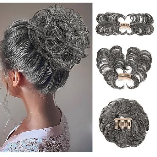 Messy Bun Hair Piece Side Comb Clip in Hair Bun Hairpiece for Women Short Natural Straight Versatile Adjustable Styles Easy Hair pieces (Steel Gray-C)