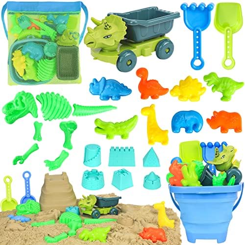 Beach Toys, Dinosaur Sand Toys with Dump Truck and Collapsible Beach Bucket, Shovel and Rake, Mesh Bag, Animal Dinosaur Sand Molds, Sand Castle Toys, Sandbox Toys for Toddlers Kids Boys