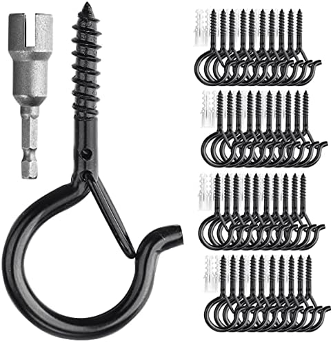 PlusRoc 40 Pack Screw in Hooks for Hanging String Lights, Heavy Duty Outside Ceiling Hooks Q-Hanger, 2.2 Inch Black Cup Hooks, Wall Ceiling Deck Mount