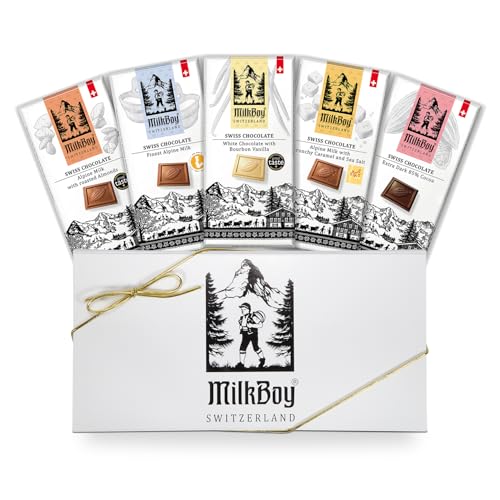 Milkboy Swiss Gourmet Chocolate Bars - Handmade Milk and White Chocolates Bar - Premium Quality, Kosher, GMO-Free - 5 Pack Mixed Variety Gift Box