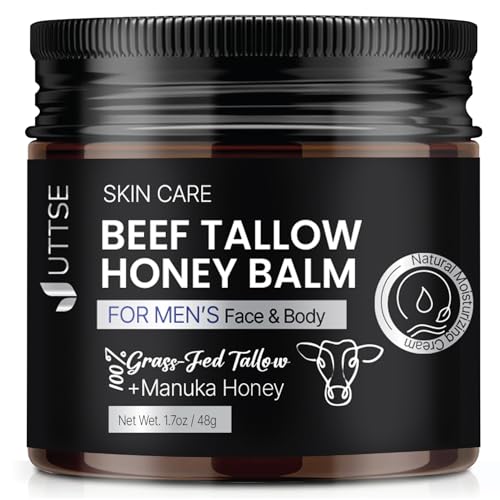 Beef Tallow and Honey Balm for Men: Grass Fed Whipped Beef Tallow With Honey - Face Body Moisturizer - Organic Unscented Fast Absorption Tallow Cream - 2oz