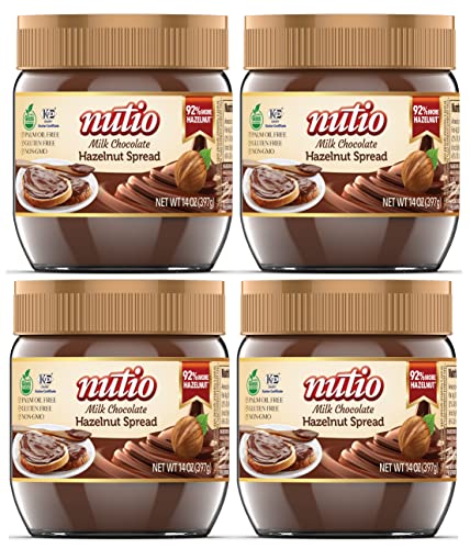 Nutio Milk Chocolate Hazelnut Spread, More Hazelnut, Less Added Sugar, Palm Oil and Gluten Free, Non GMO, Peanut Free, 56oz (4 Pack) Glass Jar