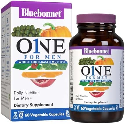 Bluebonnet Nutrition Men’s One Vegetable Capsule, Whole Food Multiple, K2, Organic, Energy, Vitality, Non-GMO, Gluten, Soy & Milk Free, Kosher, 3 Month Supply, 90 Count