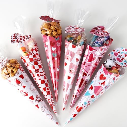 Valentine's Day DIY Art Crafts Gift Kits for Kids-60 Pack DIY Valentine’s Sweet Cones Shaped Treat Bags Set with Clear Triangle Bag, Valentine Themed Card Paper & Gift Tag for Party Gift Favors Wrap