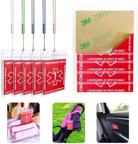 Emergency Contact Card 12 Pack with 10 Card Sleeves - Child ID Card for Car Seat Safety Stickers and Backpack Tags for Kids - Life Alert for Travel,Camping,Medical Fokder,Daycare Essential