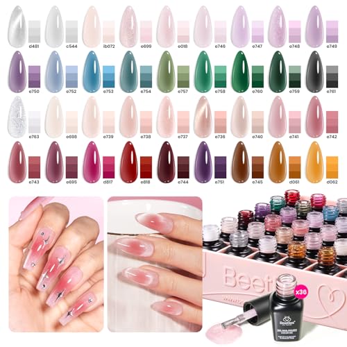 beetles Gel Polish 53 PCS Gel Nail Polish Set, 36 Colors Gel Polish Jelly Pink Milky with Base Coat Glitter Top Matte & Stars Top Coat Gel Red Crystal Ice Collection Valentines Day Gifts for Her