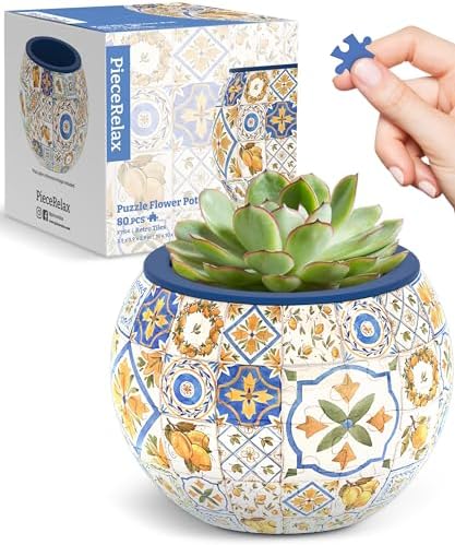 3D Puzzle Planter - Retro Tiles - Small Round Plant Pots with Drainage, Home Decor Flower Pots for Indoor Cactus, Succulents Pots [K1104]