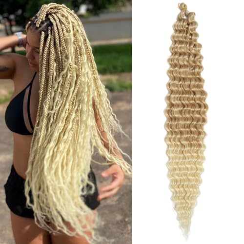 Curly Braiding Hair,30 Inch Deep Wave Braiding Hair,T27/613 Color Ocean Wave Crochet Hair for Black Women,6 packs Ombre Long Deep Wave Crochet Hair, Wavy Braiding Hair for Boho Braids