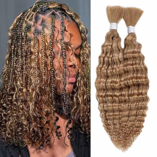 Human Hair Braiding Hair 14 Inch Deep Wave Bulk Human Hair for Braiding 10A Brazilian Curly Human Hair Extensions for Boho Braids Wet and Wavy Color 27# Honey Blonde Human Braiding Hair 2 Bundle 100g