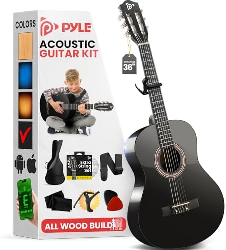 Pyle Beginner Acoustic Guitar Kit, 3/4 Junior Size All Wood Build Nylon Instrument with Capo, Gig Bag, Strap, Extra String Set, for Students Adults and Youth, 36" Black Gloss
