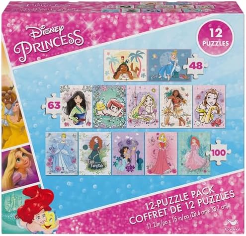 Spin Master Games, Disney Princess 12-Puzzle Bundle - Moana, Ariel, Mulan, Cinderella & More, with 48-Piece, 63-Piece, & 100-Piece Disney Puzzles for Kids, for Ages 4 & Up