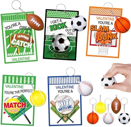 30 Pack Valentines Day Cards Gifts for Kids School Classroom Boys Girls Sport Class Valentines Exchange Bulk Valentines Keychain Party Favors Goodie Bags Stuffers Treats Prizes Stress Balls for Kids