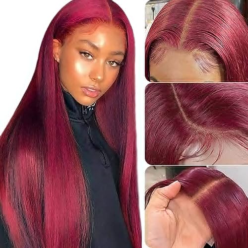 99J Burgundy Straight Lace Front Wigs Human Hair Bleached Knots 13x4 HD Burgundy Lace Front Human hair wig Pre Plucked with Baby Hair 150% Density Glueless Wigs Human Hair Natural Hairline16Inch