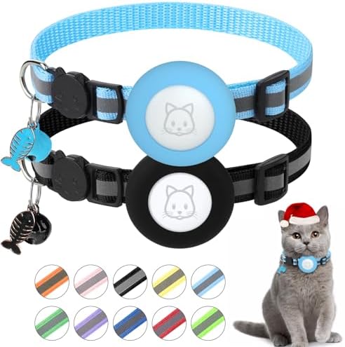 Airtag Cat Collar, Air tag Cat Collar with Bell and Safety Buckle in 3/8" Width, Reflective Collar with Waterproof Airtag Holder Compatible with Apple Airtag for Cat Dog Kitten Puppy (Black+Blue)