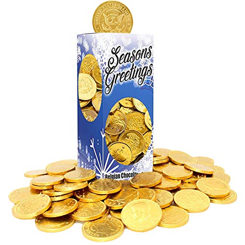 The Dreidel Company Seasons Greetings Milk Gold Coins, Stocking Stuffers, Nut-Free, Belgian Chocolate Coins, Kosher Certified Gelt (1 Pound)