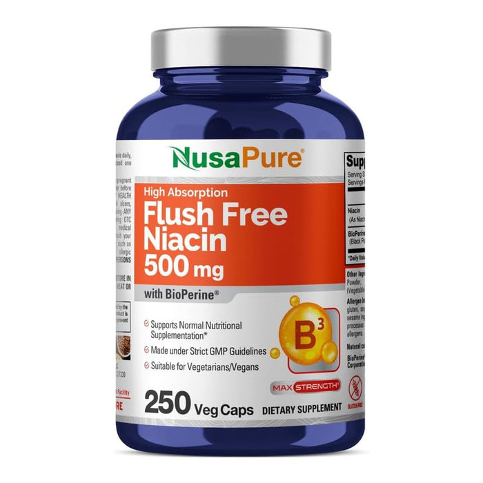 NusaPure Flush Free Niacin 500mg 250 caps (Vegan,Non-GMO & Gluten Free) Bioperine