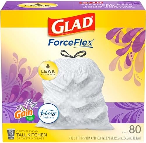 Glad ForceFlex Tall Kitchen Trash Bags, 13 Gal, Gain Lavender with Febreze, 80 Ct (Pack May Vary)