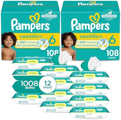 Pampers Swaddlers Disposable Baby Diapers Size 6, 2 Month Supply (2 x 108 Count) with Sensitive Water Based Baby Wipes 12X Multi Pack Pop-Top and Refill (1008 Count)