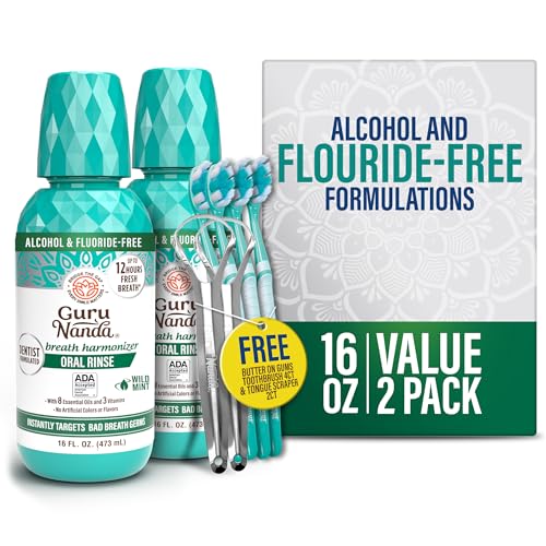 GuruNanda Oral Rinse Fresh Breath Mouthwash, ADA-Accepted Alcohol-Free Mouthwash, 7 Essential Oils & Vitamins, Flouride-Free, Wild Mint, 16 Oz - 2 Pack