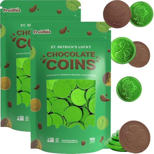Saint Patrick's Day 200 Clover Shamrock Leprechaun Chocolate Green Coins, Premium Belgian Nut-Free Milk Chocolate, Kosher (200-Pack)
