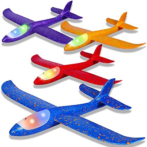 CUKU 4 Pack LED Light Airplane Toys-17.5" Large Throwing Foam Plane-2 Flight Modes Glider Plane-Outdoor Flying Toys for Kids-Flying Toys Gift for Boys Girls 3 4 5 6 7 8 9 Years Old