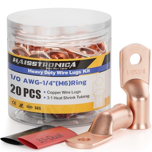 haisstronica 10pcs 1/0 AWG - 1/4"(M6) Battery Cable Lugs, Heavy Duty Copper Wire Lugs with 10pcs 3:1 Adhesive Heat Shrink Tubing, 1/0 Gauge Wire Lugs, Battery Terminal Connector, Battery Cable Ends