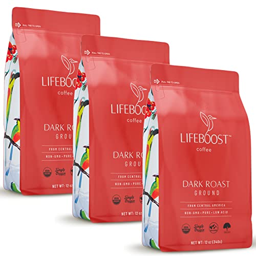 Lifeboost Coffee 3 Pack Dark Roast Ground Coffee - Low Acid Single Origin USDA Organic Coffee - Non-GMO Ground Coffee Beans Dark Roast Third Party Tested For Mycotoxins & Pesticides - 12 Ounces