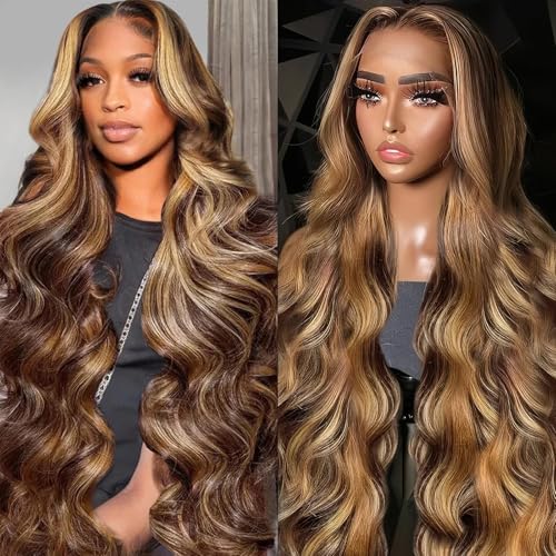 Honey Blonde Ombre Lace Front Wig Human Hair Highlight Body Wave 13X6 Lace Front Wigs Human Hair Pre Plucked HD Frontal 180 Density Glueless 4/27 Highlighted Human Hair Wig 30 Inch