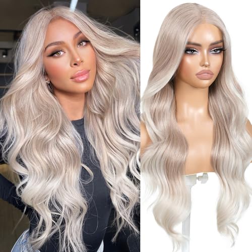 Ash Blonde Wear and Go Glueless Wig with Bangs Synthetic Lace Front Wigs for Women Body Wave Pre Plucked Pre Cut HD Lace Glueless Ombre Wig Middle Part 26Inch