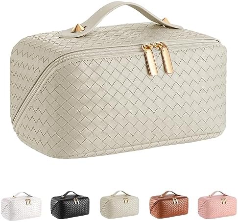 Large Capacity Travel Cosmetic Bag - Portable Makeup Bags for Women Waterproof PU Leather Checkered Makeup Organizer Bag with Dividers and Handle,Toiletry Bag for Cosmetics
