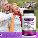 Resveratrol 1,480MG with Quercetin 90 Capsules - Vegan Trans-Resveratrol Antioxidants for Healthy Aging, Immune System, Cardiovascular & Joint Support - Improving Fatigue, Memory and Brain Function
