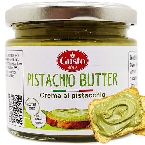 GUSTO ETNA Pistachio Butter Sweet Spreadable Cream, 6.7 oz (190g) Rich & Nutty Pistachio Cream Spread for Knafeh Dubai Pistachio Chocolate Bars, Italian Pistachio Paste, Product of Sicily, Italy, No GMO