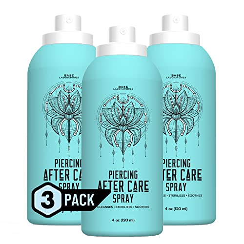 BASE LABORATORIES Piercing Aftercare Spray 4oz | Saline Spray for Piercings | Ear Piercing Cleaner Spray | Saline Solution for Piercings | Piercing & Keloid Bump Removal for Ears, Belly & Nose | 3PK