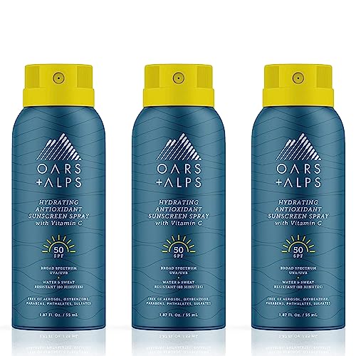 Oars + Alps Hydrating SPF 50 Sunscreen Spray, Infused with Vitamin C and Antioxidants, Water and Sweat Resistant, TSA Friendly, 1.87 Oz Each, 3 Pack