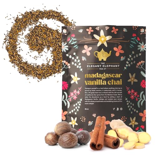 The Elegant Elephant Madagascar Vanilla Chai Tea – Loose Leaf Black Tea w/Cinnamon, Ginger, Clove & Pepper – Natural, Aromatic & Perfect for Lattes – Enjoy Hot or Iced – Resealable 8oz Pouch