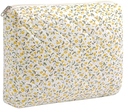 Gleyemor Quilted Makeup Bag for Women, Cute Floral Cotton Cosmetic Bag, Travel Toiletry Bag Period Bag Essentials Bag Gifts for Her Mom Friend Sister Bridesmaid (Yellow Flower)