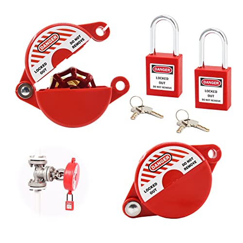 Gate Valve Lockout and Safety Padlock, 2Sets, Hose Bib Lock for Outdoor Faucet Knob/Water Spigot/Propane Tank, 1 to 2-1/2 in Dia Valve Handles, Plastic Red Secure Locks Device for Outside Garden Valve