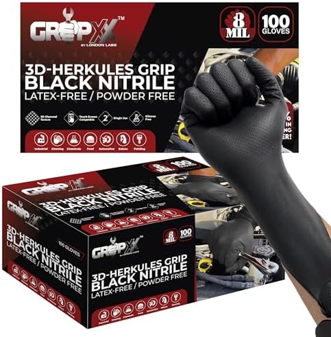 Herkules Grip Heavy Duty 8Mil Black Nitrile Gloves,3D Raised Diamond Texture-Latex & Powder-Free Industrial, Mechanic