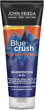 John Frieda Blue Crush Intensive Blue Shampoo 250 ml, Toning Shampoo for Brown Hair, Anti-Brass Shampoo for Brunettes with Crushed Blue Pigments