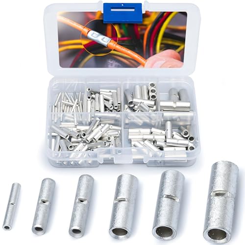 Wirefy 100 PCS Non Insulated Butt Connectors Kit - Butt Splice Connectors - Uninsulated Crimp Wire Connectors - 24-8 AWG | Uninsulated Butt Connector | Wire Butt Connectors