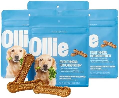Ollie Dental Chews for Large Dogs, 4 Pack, Fresh Breath, Teeth Cleaning Treats, Sticks for Dog Oral Care, with Parsley and Cinnimon, for Pups 51 lbs and Above