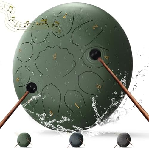 Rain Drum for Outside,8 Inches 11 Notes Rain Drum for Garden Instrument, Drum Rain Chime Waterproof, Chakra Rain Drum Outdoor，with Drum Bag, Music Book, Drum Mallets (Stone Green, 8 Inches)